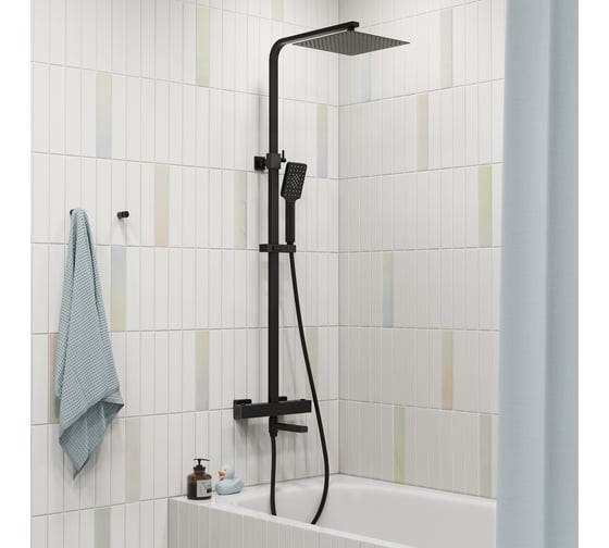 Изображение товара Смеситель термостатический для ванны со стойкой и тропической лейкой IDDIS Brent черный матовый BREBLTHi06