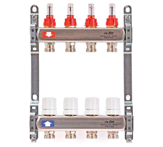 Изображение товара Коллекторная группа Uni-Fitt 1x9 выходов 3/4, с расходомерами и термостатическими вентилями без концевика, нержавеющая cталь 450W4309