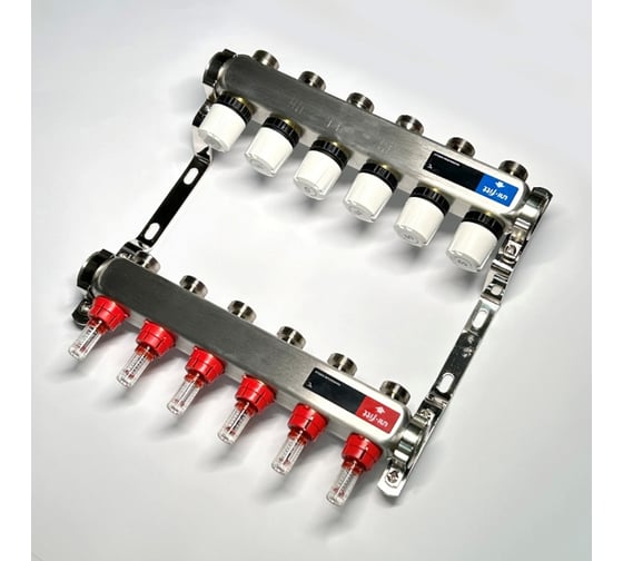 Изображение товара Коллекторная группа Uni-Fitt 1x5 выходов 3/4, с расходомерами и термостатическими вентилями без концевика, нержавеющая cталь 450W4305