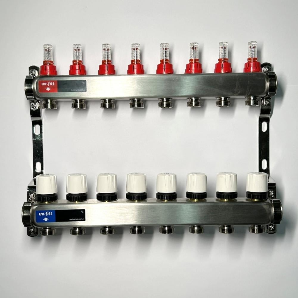 Изображение товара Коллекторная группа Uni-Fitt 1x8 выходов 3/4 нержавеющая сталь с расходомерами