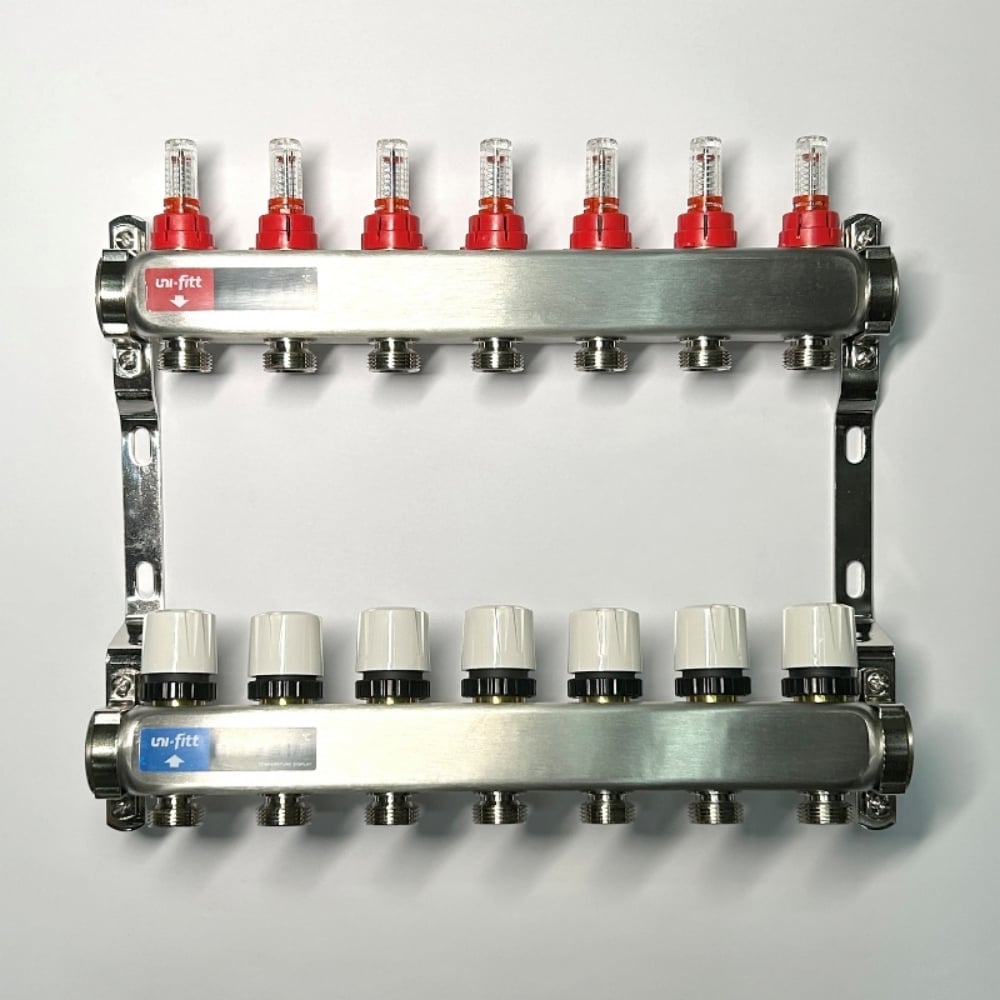 Изображение товара Коллекторная группа Uni-Fitt 1x7 выходов 3/4 нержавеющая сталь с расходомерами и термостатами