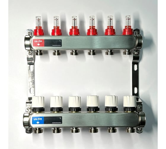 Изображение товара Коллекторная группа Uni-Fitt 1x6 выходов 3/4, с расходомерами и термостатическими вентилями без концевика, нержавеющая cталь 450W4306