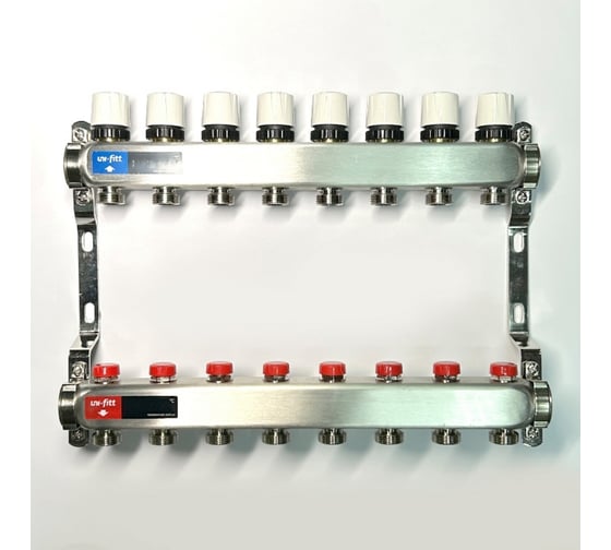 Изображение товара Коллекторная группа Uni-Fitt 1x8 выходов 3/4, с балансировочными и термостатическими вентилями без концевика, нержавеющая cталь 451W4308