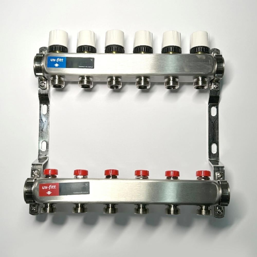 Изображение товара Коллекторная группа Uni-Fitt 1x6 выходов 3/4, с балансировочными и термостатическими вентилями без концевика, нержавеющая cталь 451W4306