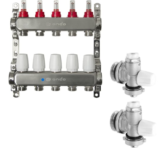 Изображение товара Коллекторная группа ONDO нерж сталь 5 вых. с расходомерами и термостатическими клапанами в комплекте BKGWDV05KITM