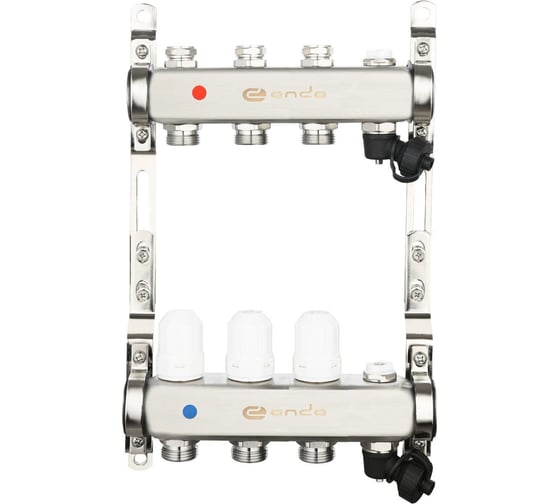 Изображение товара Коллекторная группа ONDO 3 выхода, с термостатическими и запорными клапанами, нерж.сталь OKGSP003