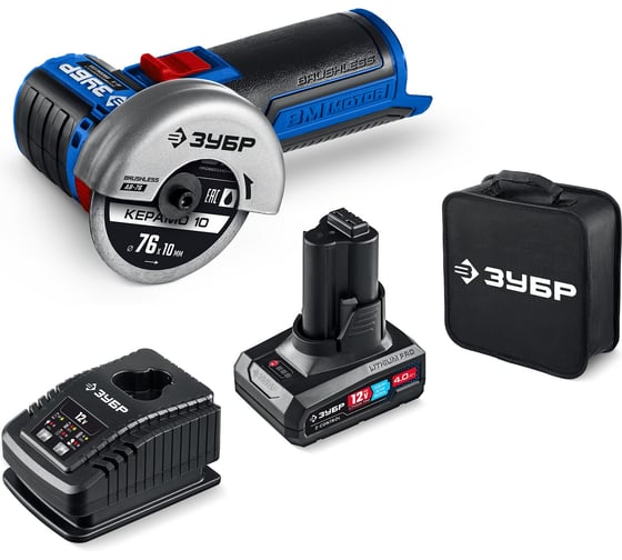 Изображение товара Бесщеточная угловая шлифовальная машина Зубр Профессионал 12 В, D76 мм, 1 АКБ тип Т7 (4 А·ч), сумка, AB-76-41