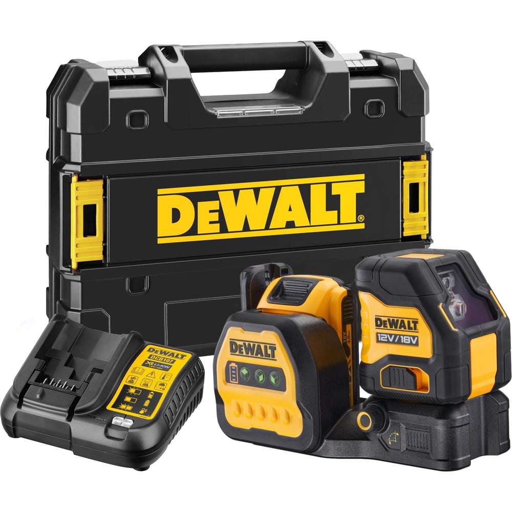 Изображение товара Аккумуляторный лазерный построитель плоскостей Dewalt DCE088D1G18, 12/18 В, зеленый луч, 30 м, с АКБ 2 Ач и ЗУ, в кейсе TSTAK DCE088D1G18-QW