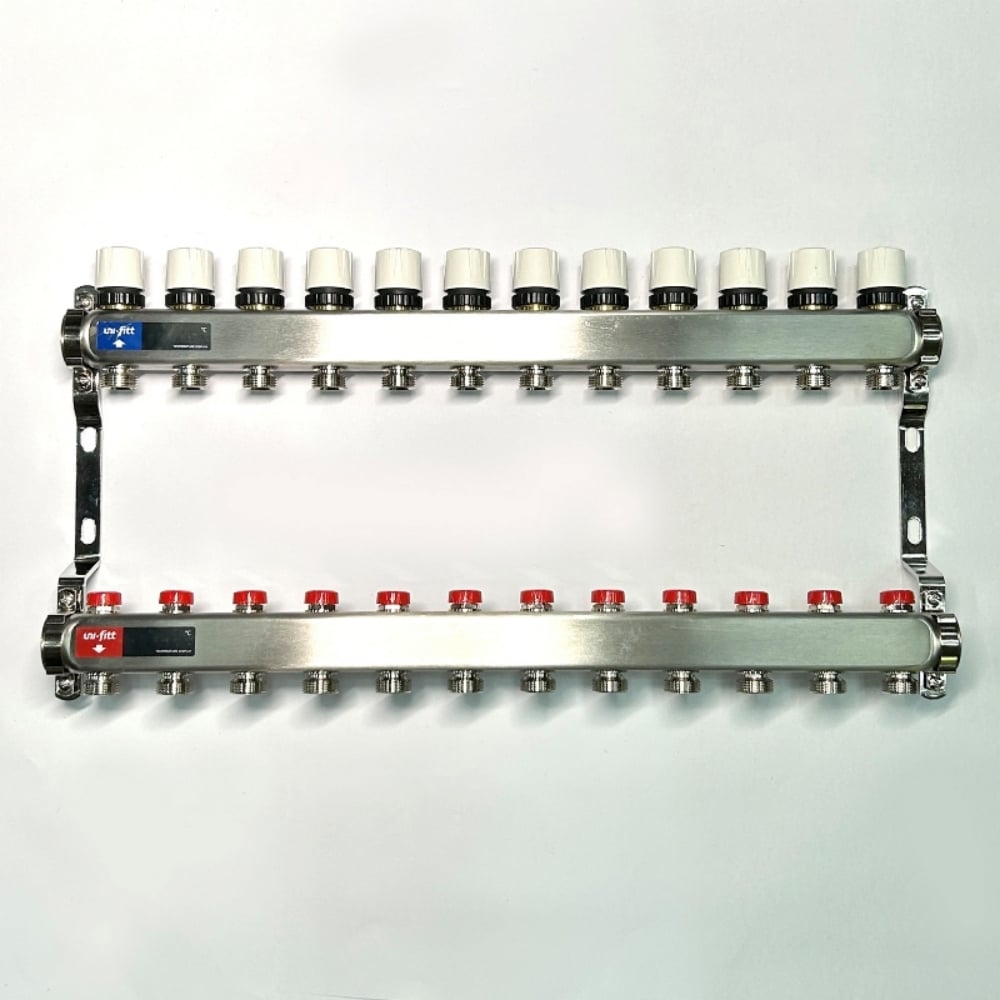 Изображение товара Коллекторная группа Uni-Fitt 1x12 3/4 с балансировочными и термостатическими вентилями нержавейка