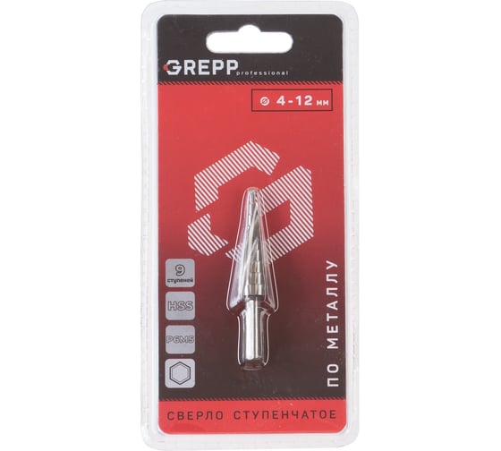 Изображение товара Сверло по металлу ступенчатое спиральное GREPP 9 ступеней,4-12 мм,6-ти гранн.хвост. /200/50 207-0002