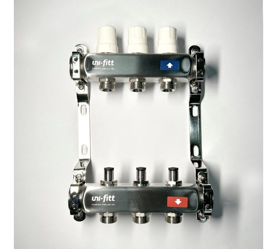 Изображение товара Коллекторная группа Uni-Fitt 1x3 вых 3/4 с балансировочными и термостатическими вентилями без конц, нерж. cталь 451B4303.RU