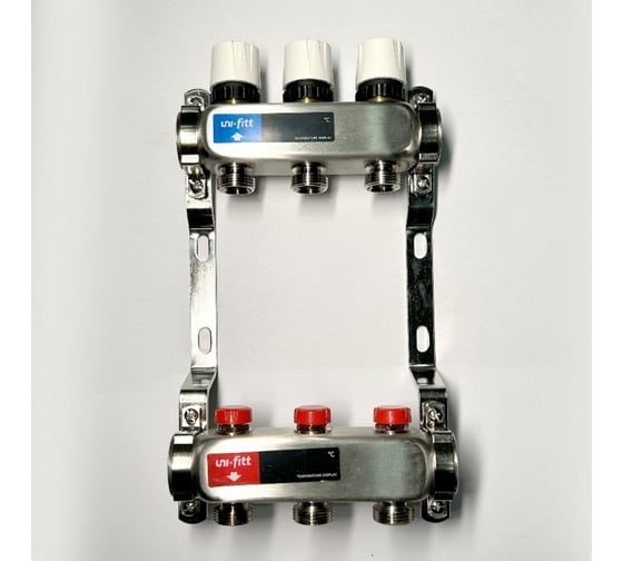 Изображение товара Коллекторная группа Uni-Fitt 1x3 вых 3/4 с балансировочными и термостатическими вентилями без конц, нерж. cталь 451W4303