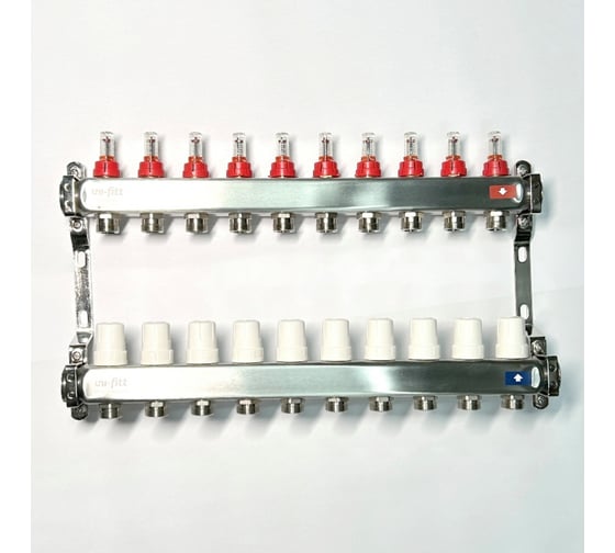 Изображение товара Коллекторная группа Uni-Fitt 1x10 вых 3/4 с расходомерами и термостатическими вентилями без конц, нерж. сталь 450B4310.RU