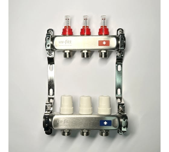 Изображение товара Коллекторная группа Uni-Fitt 1x3 вых 3/4 с расходомерами и термостатическими вентилями без конц, нерж. сталь 450B4303.RU