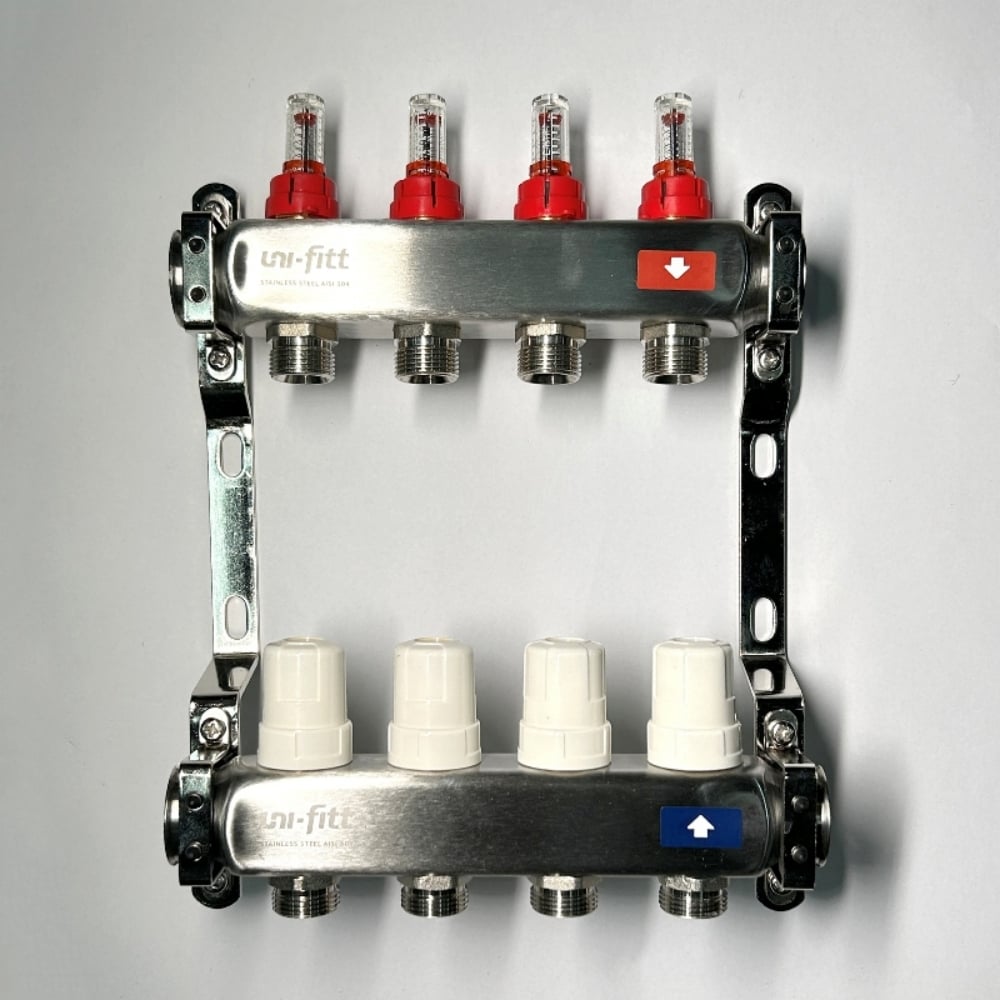 Изображение товара Коллекторная группа Uni-Fitt 1x4 вых 3/4 с расходомерами и термостатическими вентилями из нержавеющ