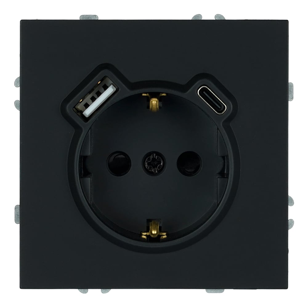 Изображение товара Розетка 1-местная STEKKER з/ш с/з 16А + USB + Type C (механизм),, 250В, 20W, серия Эмили, черный уголь, soft-touch, RST16-5119-05 50218
