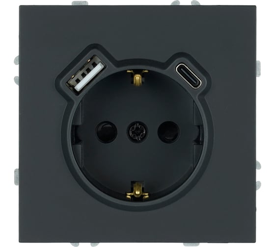Изображение товара Розетка 1-местная STEKKER з/ш с/з 16А + USB + Type C (механизм),, 250В, 20W, серия Эмили, черный уголь, soft-touch, RST16-5119-05 50218