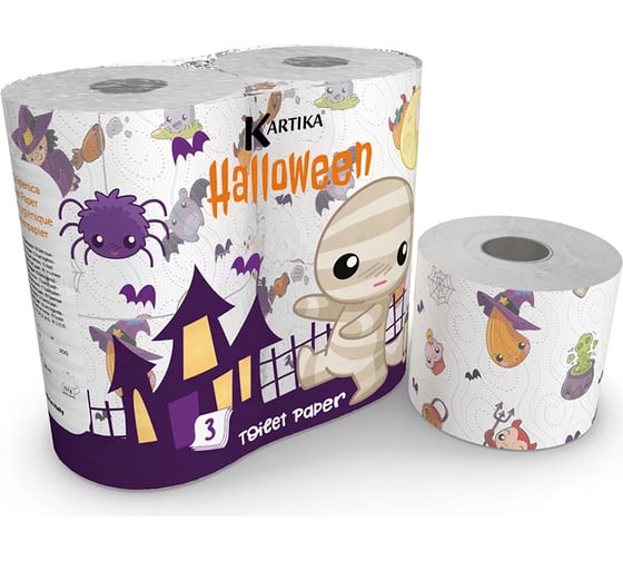 Изображение товара Туалетная бумага World Cart Helloween с рисунком, Kartika Collection, 3 слоя, 4 рулона/200 листов HLW-TT-01