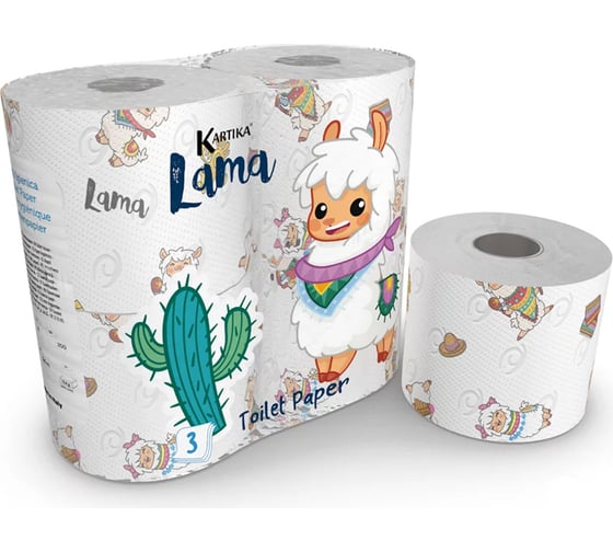 Изображение товара Туалетная бумага World Cart Лама с рисунком, Kartika Collection, 3 слоя, 4 рулона/200 листов KGLAM-TT-01