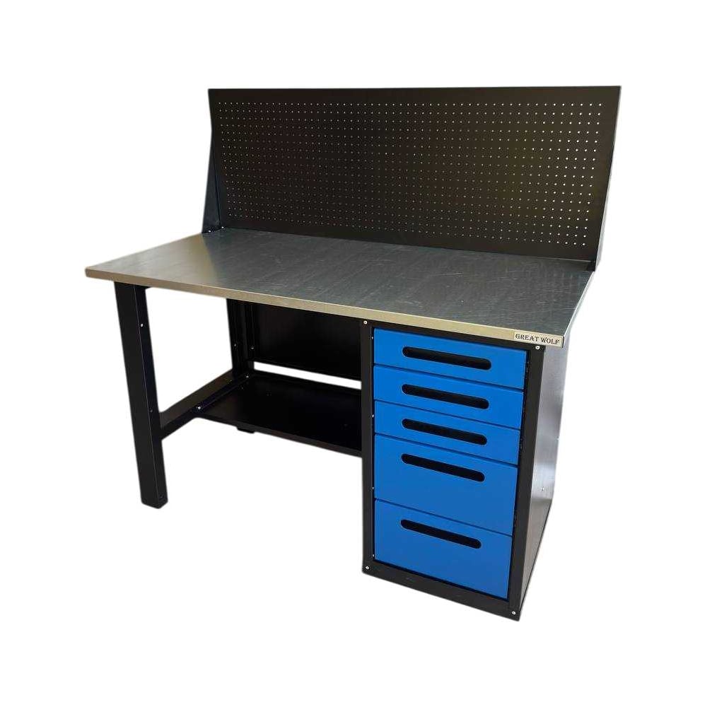 Изображение товара Верстак Great Wolf однотумбовый, 5 ящиков, с экраном, синий 1400x700 , GWT-V1400B4