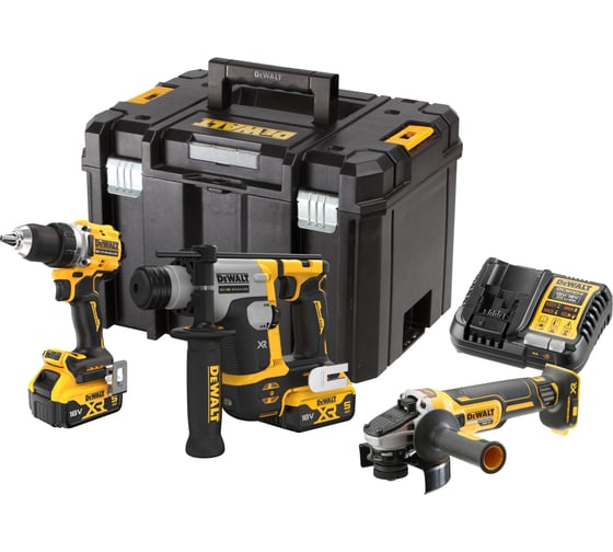 Изображение товара Аккумуляторный набор Dewalt DCK355P2T: дрель-шуруповерт DCD800 + перфоратор DCH172 + УШМ DCG405, 2 АКБ 5 Ач и ЗУ, в кейсе TSTAK DCK355P2T-QW