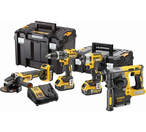 Изображение товара Аккумуляторный набор Dewalt DCK422P3T: дрель-шуруповерт + шуруповерт + УШМ + перфоратор, с 3 АКБ 5 Ач и ЗУ, в 2 кейсах TSTAK DCK422P3T-QW