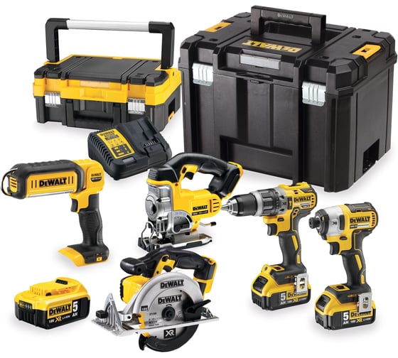 Изображение товара Аккумуляторный набор Dewalt DCK551P3T, 18 В: дрель + шуруповерт + пила + лобзик + фонарь, с 3 АКБ 5 Ач и ЗУ, в 2 кейсах TSTAK DCK551P3T-QW