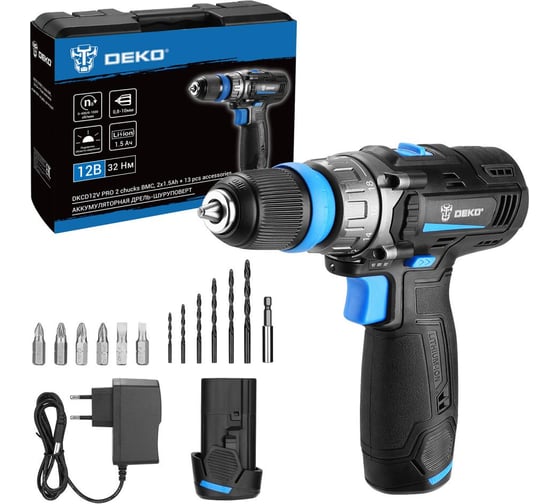 Изображение товара Аккумуляторная дрель-шуруповерт DEKO DKCD12V PRO в кейсе co съемным патроном + оснастка 13 шт, 12В, 2x1.5Ач 083-1004