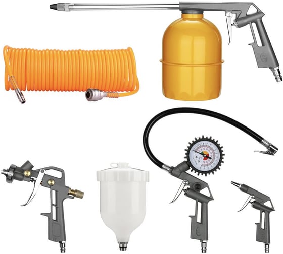 Изображение товара Набор пневмоинструмента DEKO RDKSG05-10 (5 предметов краскораспылитель с верхним бачком, шланг 10 м) 083-3010