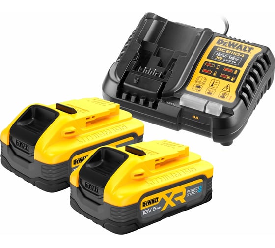 Изображение товара Набор Dewalt DCB1104H2: 2 АКБ POWERSTACK DCBP518, Li-Ion, 18 В, 5 Ач и зарядное устройство DCB1104, 12/18 В, 4 А DCB1104H2-QW