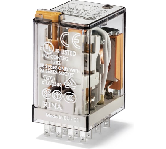 Изображение товара Набор реле FINDER 553482300040 10шт; универсальное электромеханическое реле; монтаж в розетку; 4CO 7A; контакты AgNi; катушка 230В АC; степень защиты RTI; опции: кнопка тест + мех.индикатор 553482300040V10