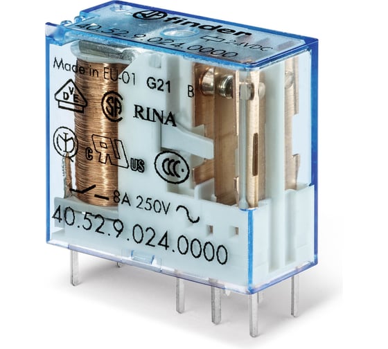 Изображение товара Набор реле FINDER 405290120000 10шт универсальное электромеханическое реле; монтаж на печатную плату или в розетку; выводы с шагом 5мм; 2CO 8A; контакты AgNi; катушка 12В DC; степень защиты RTII 405290120000V10
