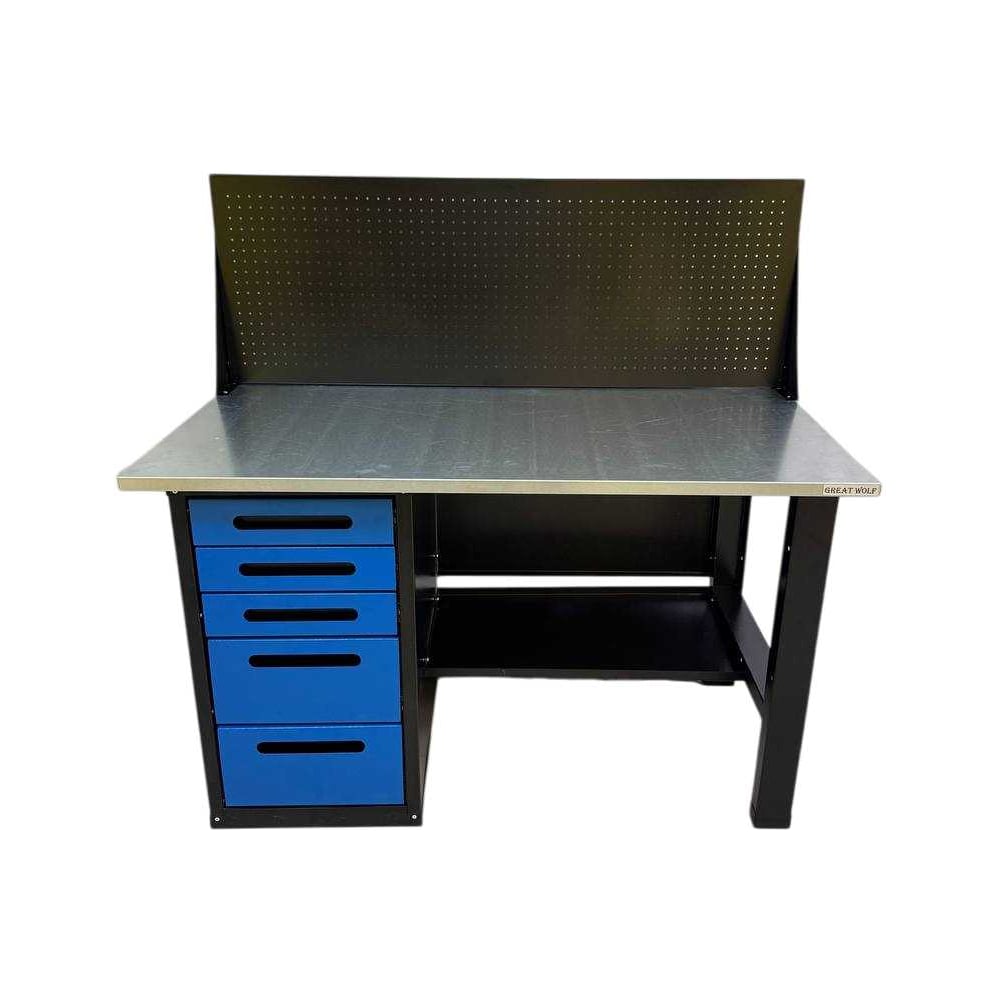 Изображение товара Верстак Great Wolf однотумбовый с 5 ящиками и экраном синий 1400x700
