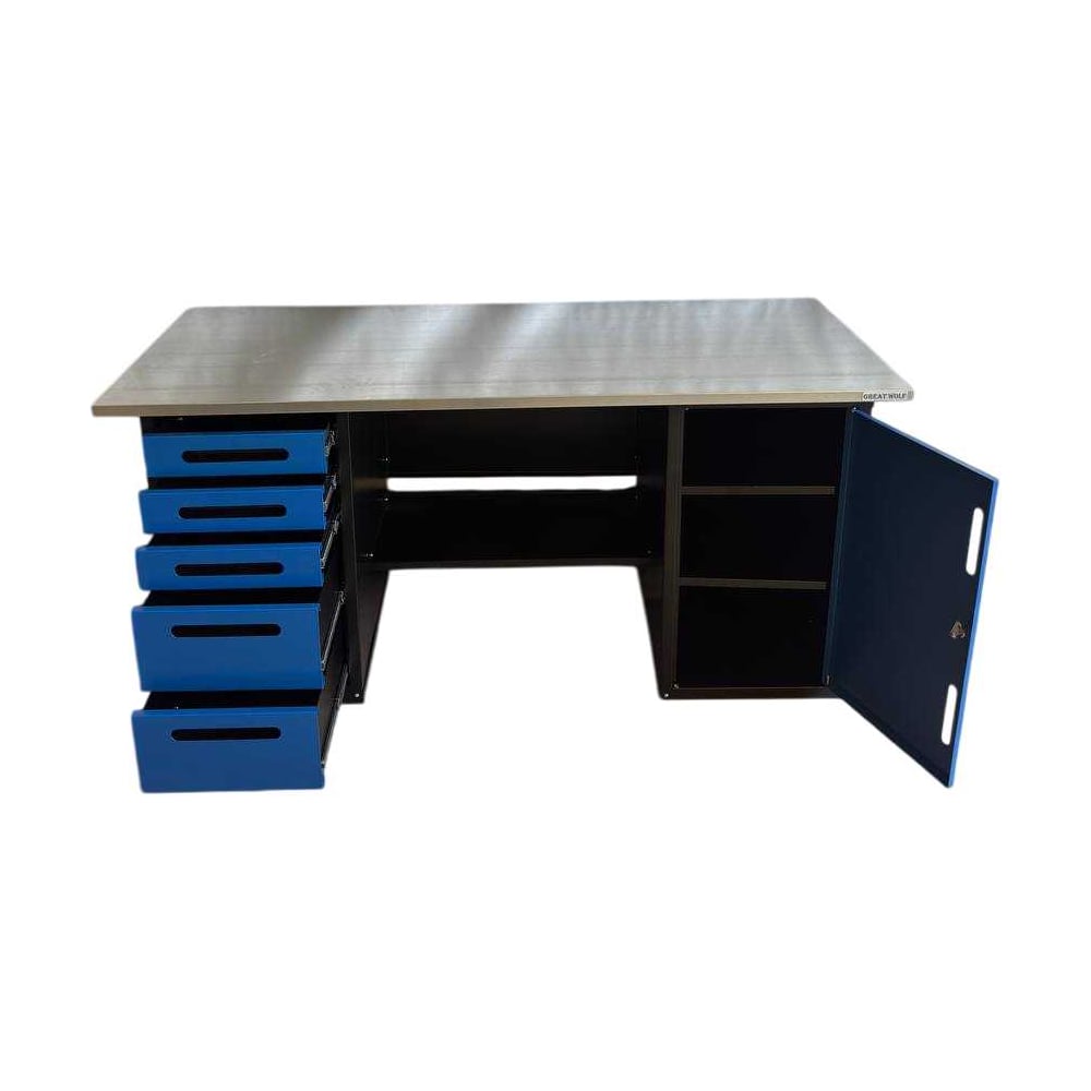 Изображение товара Верстак Great Wolf двухтумбовый с 5 ящиками и тумбой, синий