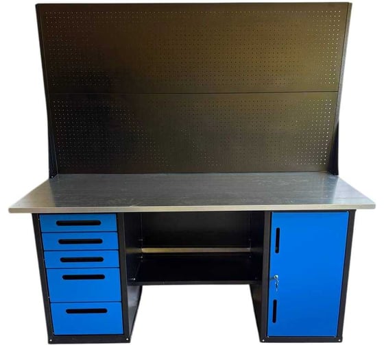 Изображение товара Верстак Great Wolf двухтумбовый, 5 ящиков, тумба с дверью, два экрана, синий 1800x700 , GWT-V1800BL5