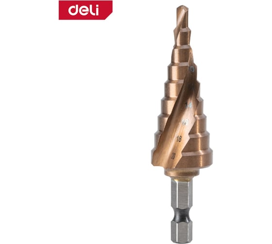 Изображение товара Сверло ступенчатое по металлу Deli 4-20мм DH-JTZ020-E3 (HSS M35, спиральная канавка, шестигранный хвостовик) 178405
