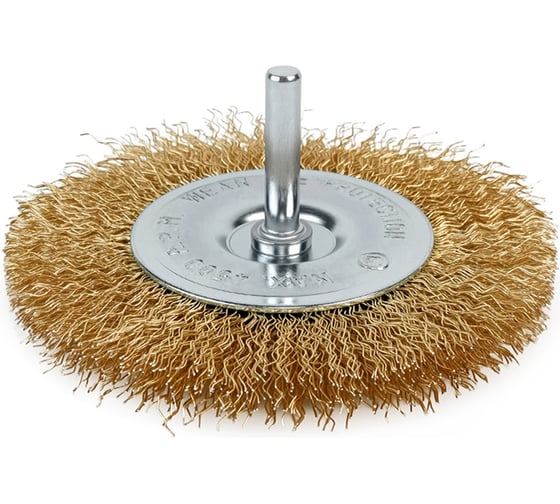 Изображение товара Щетка дисковая прямая для дрели Deli 100мм DH-GSS100-E4 латунированная, толщина проволоки 0.3мм, хвостовик 6мм, макс. 4500 об/мин 170553