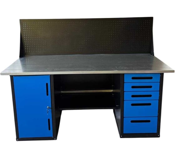 Изображение товара Верстак Great Wolf двухтумбовый, 5 ящиков, тумба с дверью, экран, синий 1800x700, GWT-V1800B4