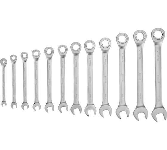 Изображение товара Набор ключей комбинированных трещоточных Denzel 6-19 мм, 12 шт., CrV, матовый хром 14722