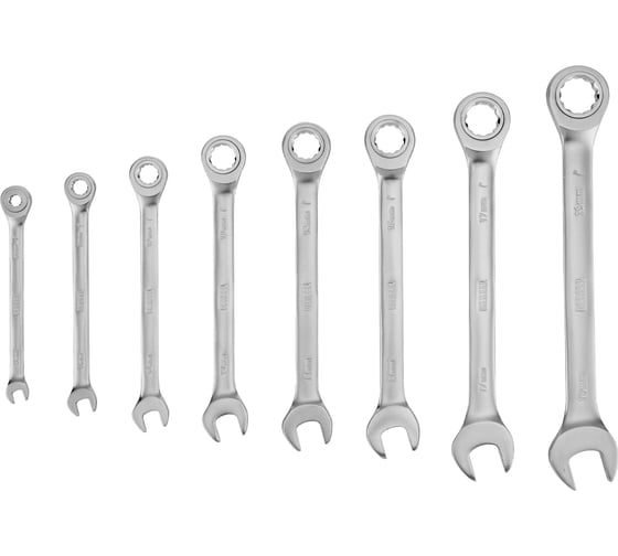 Изображение товара Набор ключей комбинированных трещоточных Denzel 6-19 мм, 8 шт., CrV, матовый хром 14721