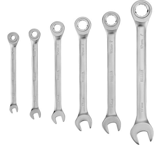 Изображение товара Набор ключей комбинированных трещоточных Denzel 6-17 мм, 6 шт., CrV, матовый хром 14720