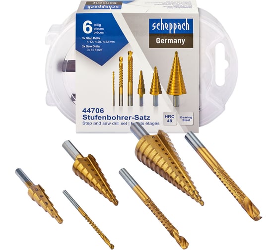 Изображение товара Набор сверл ступенчатых и сверл -фрез по алюминию, меди, дереву, пластику Scheppach 6 предметов (ступенчатые- 4-12,4-20,4-32)( фрезы-3мм,6мм,8мм) Sch-44706(66170)