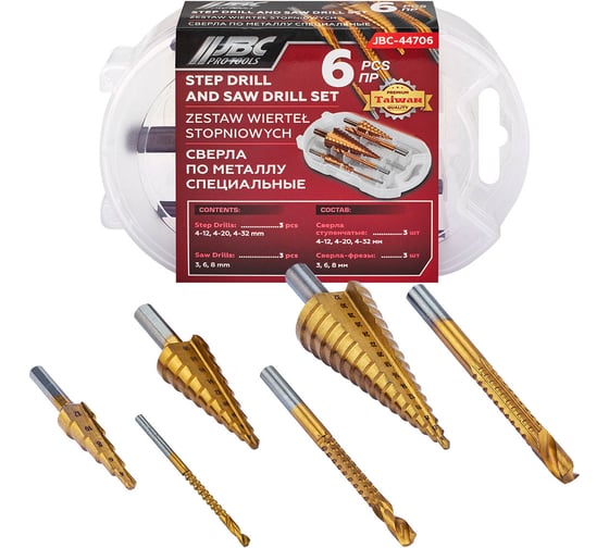 Изображение товара Набор сверл ступенчатых и сверл -фрез по алюминию, меди, дереву, пластику JBC 6 предметов (ступенчатые- 4-12,4-20,4-32)( фрезы-3мм,6мм,8мм) JBC-44706(66165)