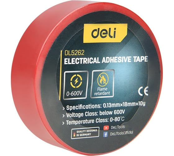 Изображение товара Изолента Deli красная 9м х 18мм х 0,13мм DL5262 (напряжение до 600В, 0-80 грд., ПВХ) 205048