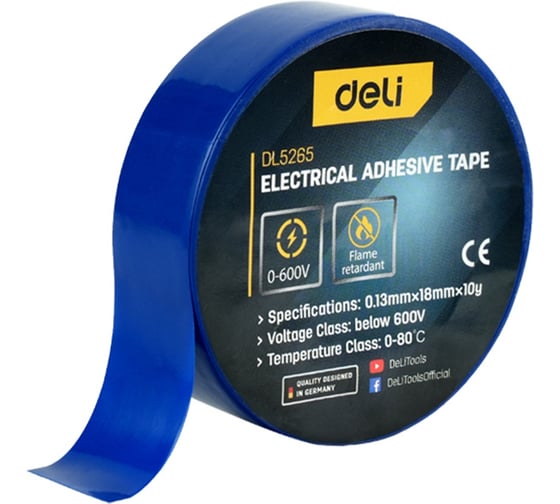 Изображение товара Изолента Deli синяя 9м х 18мм х 0,13мм DL5265 (напряжение до 600В, 0-80 грд., ПВХ) 205049