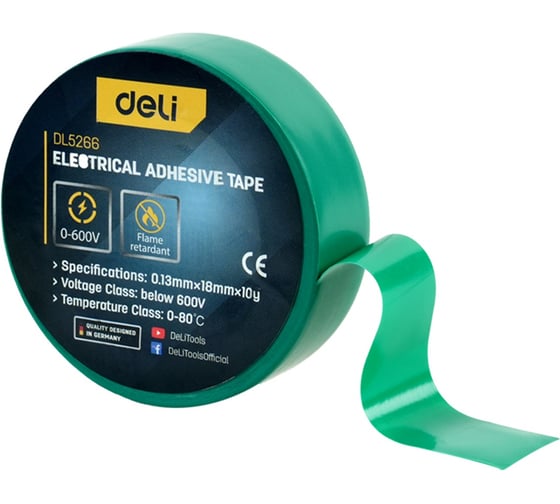 Изображение товара Изолента Deli зеленая 9м х 18x0,13мм DL5266 (напряжение до 600В, 0-80 град, ПВХ) 205051
