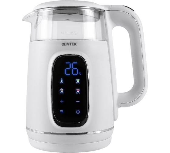 Изображение товара Чайник Centek 1.7л, 2200Вт, 2стенки, Стекло LED-дисплей, t:40/80/90/100С, сенсорный подогрев CT-0052 White