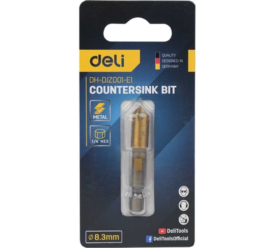 Изображение товара Зенковка конусная Deli 8.3мм под М4 по металлу/дереву/пластику DH-DJZ001-E1 сталь HSS, угол 90 градусов, шестигранный хвостовик 193106