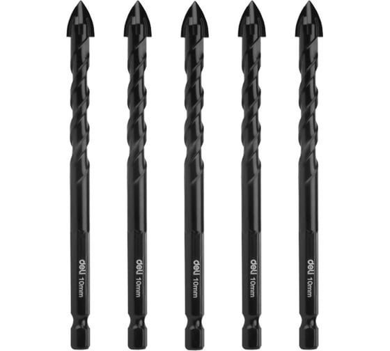 Изображение товара Набор сверл по стеклу, керамике, кафелю Deli (10мм, 5шт) DH-CZZ010-E1 YG6X, шестигранный хвостовик 1/4HEX, кейс 177309