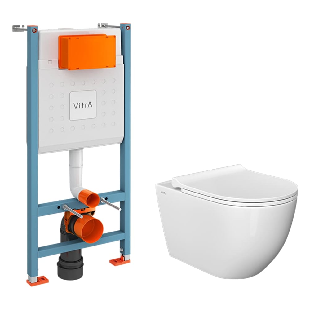 Изображение товара Комплект Vitra L-Box Mia Round SmoothFlush подвесной безободковый унитаз с тонким сиденьем с микролифтом, инсталляцией, без клавиши смыва 9873B003-7205